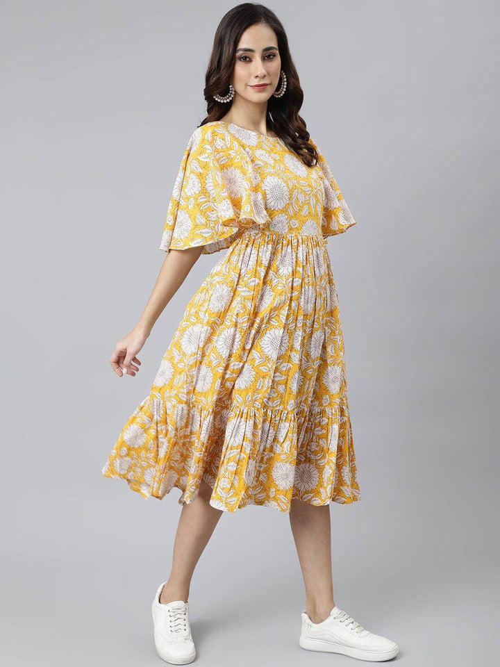 Yellow Cotton Floral Print Flared Western Dress  - By Janasya