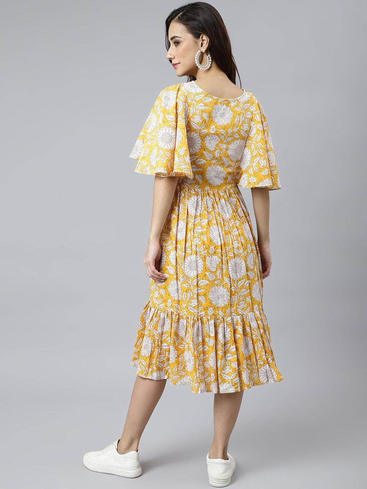 Yellow Cotton Floral Print Flared Western Dress  - By Janasya