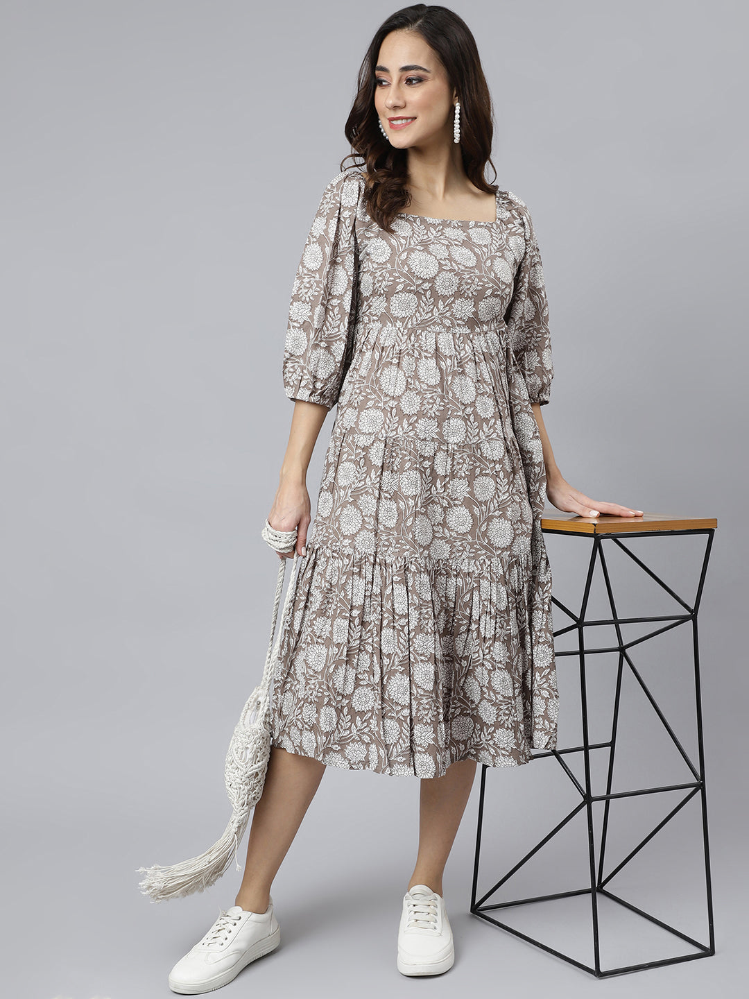 Beautifully designed grey cotton dress with flared silhouette and floral print by Janasya