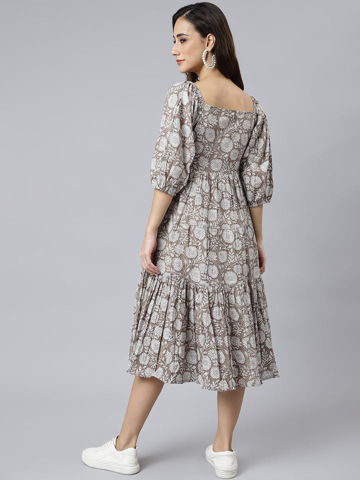 Flattering and fashionable grey cotton dress with floral print, a signature design by Janasya