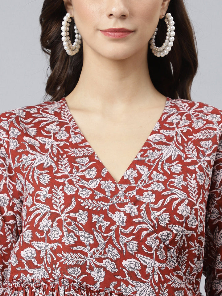 Maroon Cotton Floral Print Angrakha Western Dress  - By Janasya