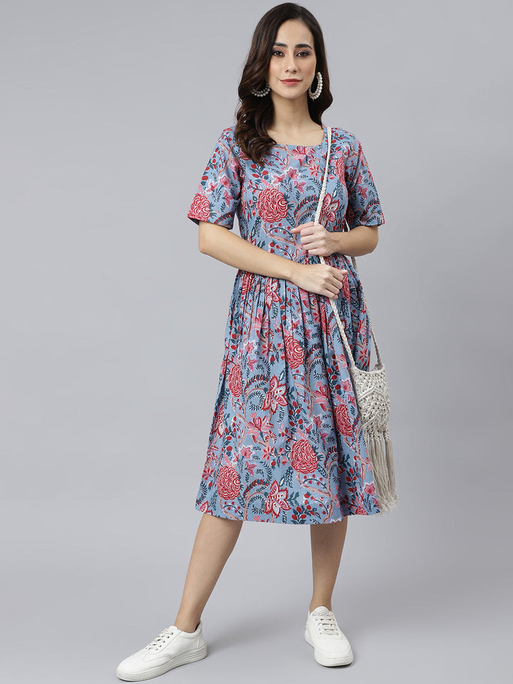 Blue Cotton Floral Print Flared Western Dress  - By Janasya