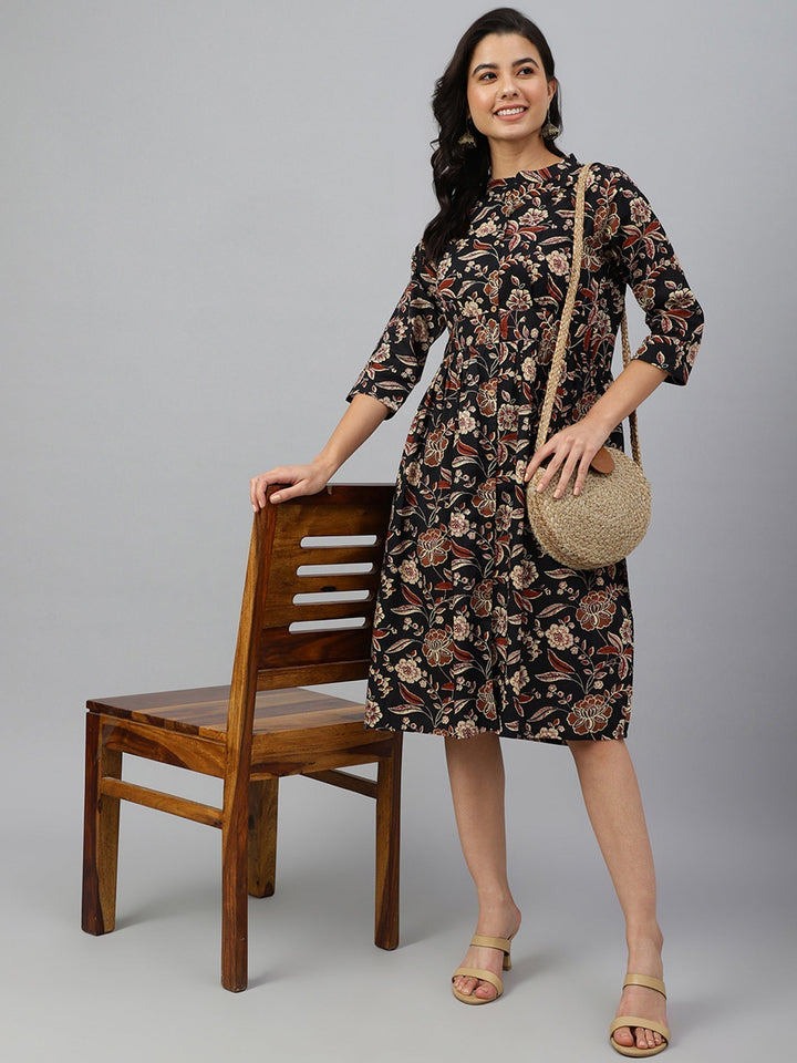 Black Cotton Floral Print Flared Western Dress  - By Janasya