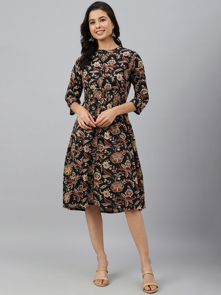 Black Cotton Floral Print Flared Western Dress  - By Janasya