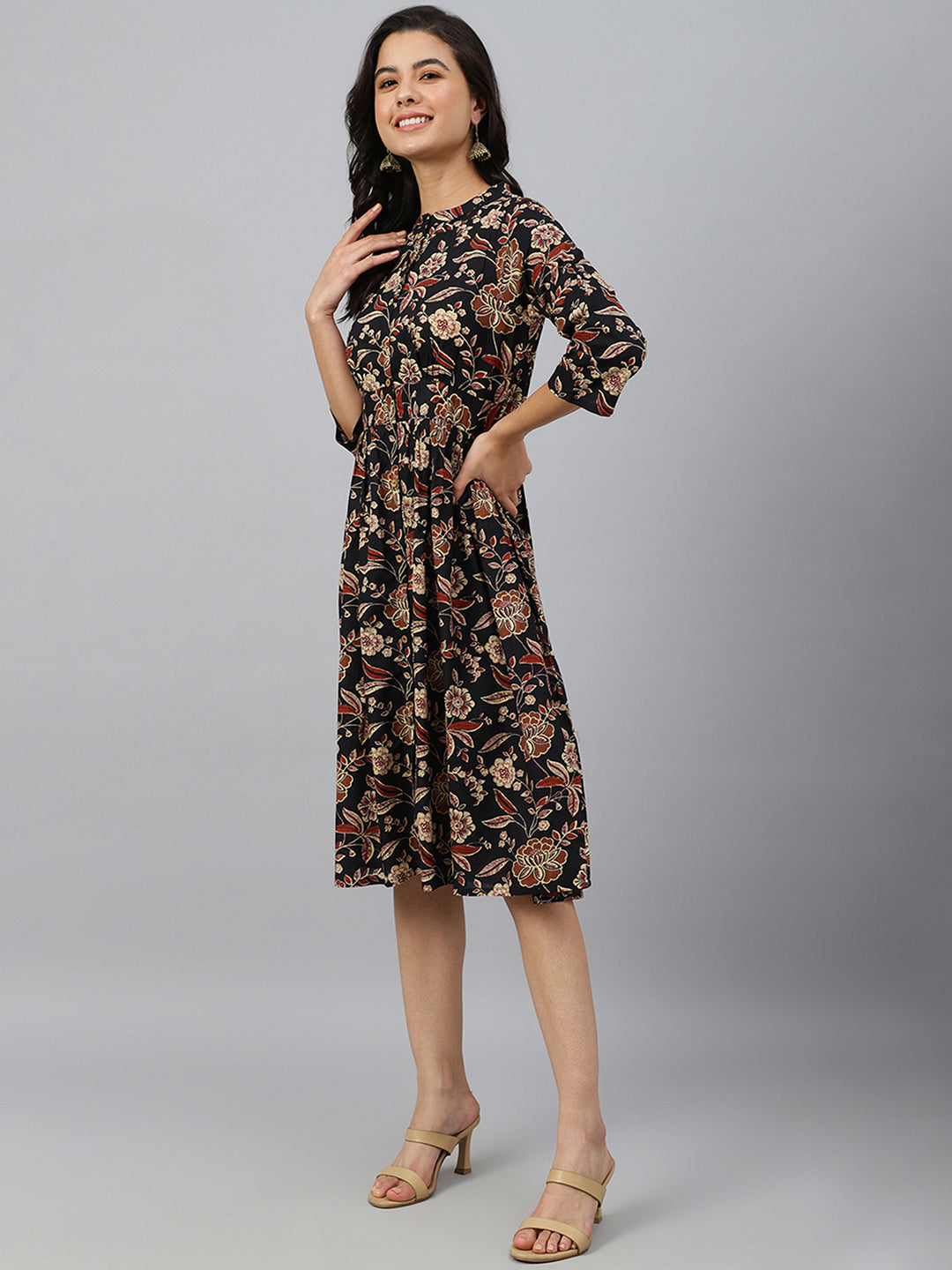 Black Cotton Floral Print Flared Western Dress  - By Janasya