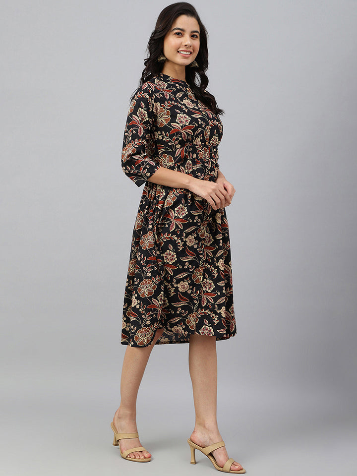 Black Cotton Floral Print Flared Western Dress  - By Janasya