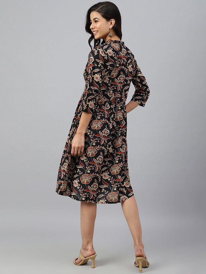 Black Cotton Floral Print Flared Western Dress  - By Janasya