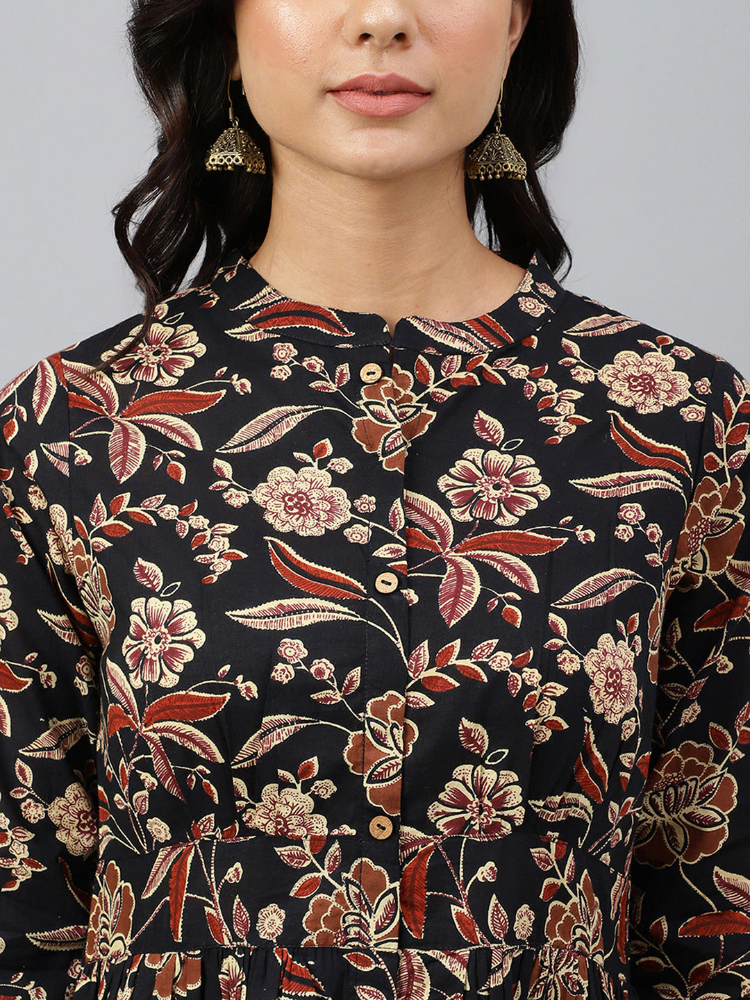 Black Cotton Floral Print Flared Western Dress  - By Janasya