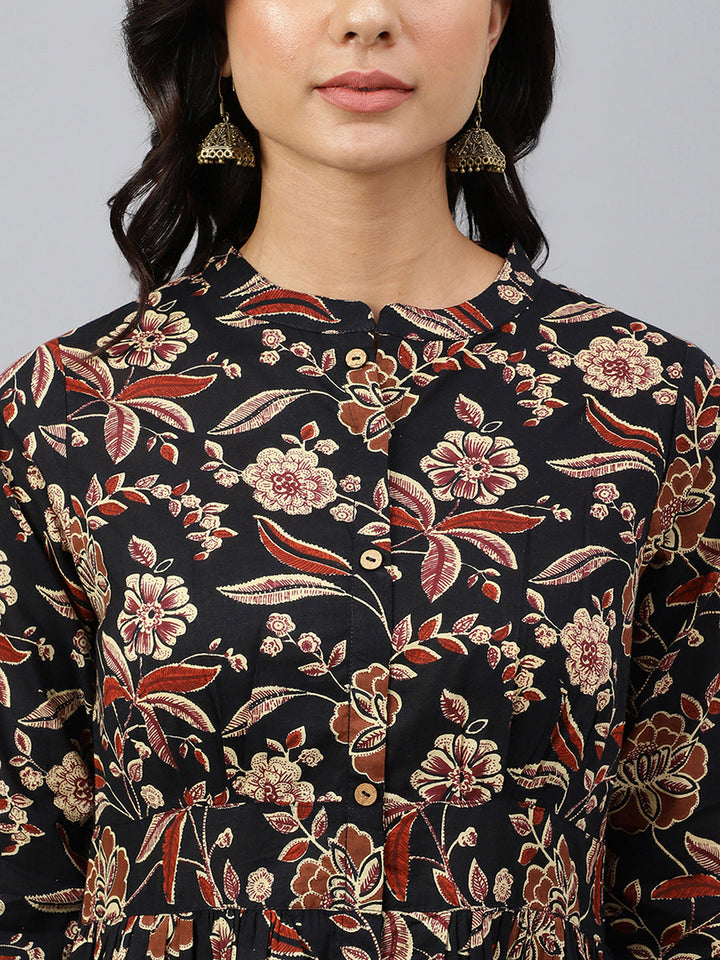 Black Cotton Floral Print Flared Western Dress  - By Janasya