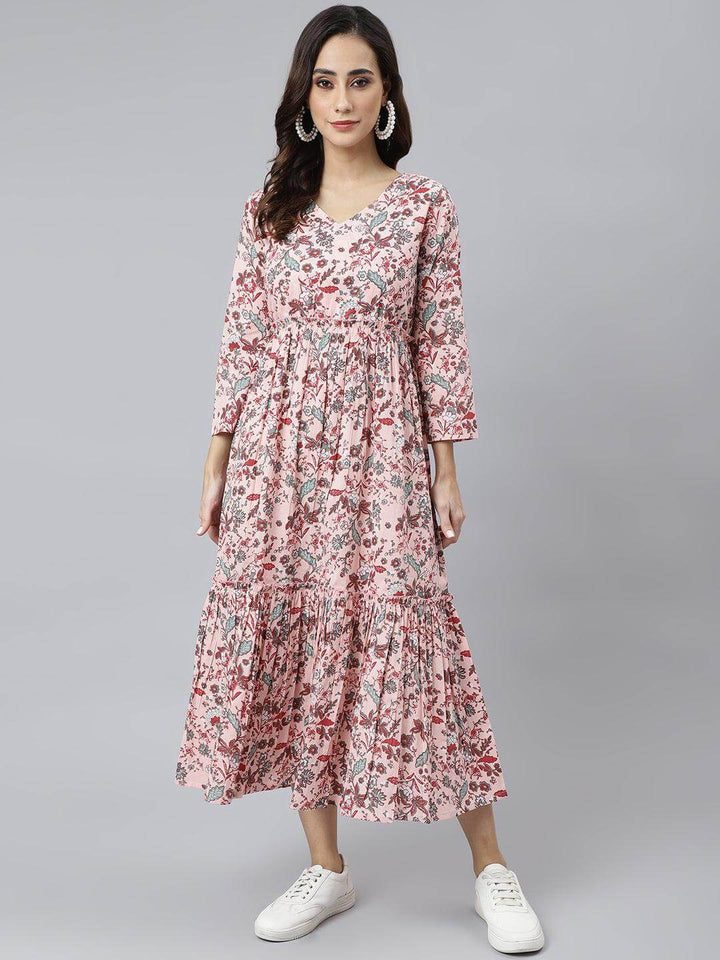 Peach Cotton Floral Print Flared Kurta  - By Janasya