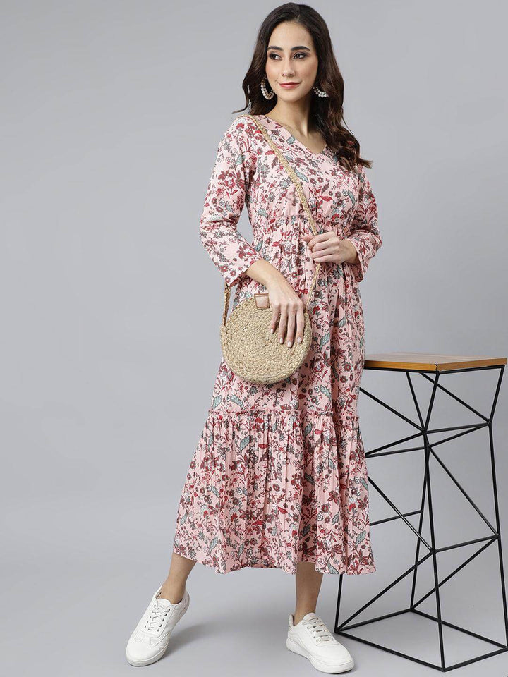 Peach Cotton Floral Print Flared Kurta  - By Janasya