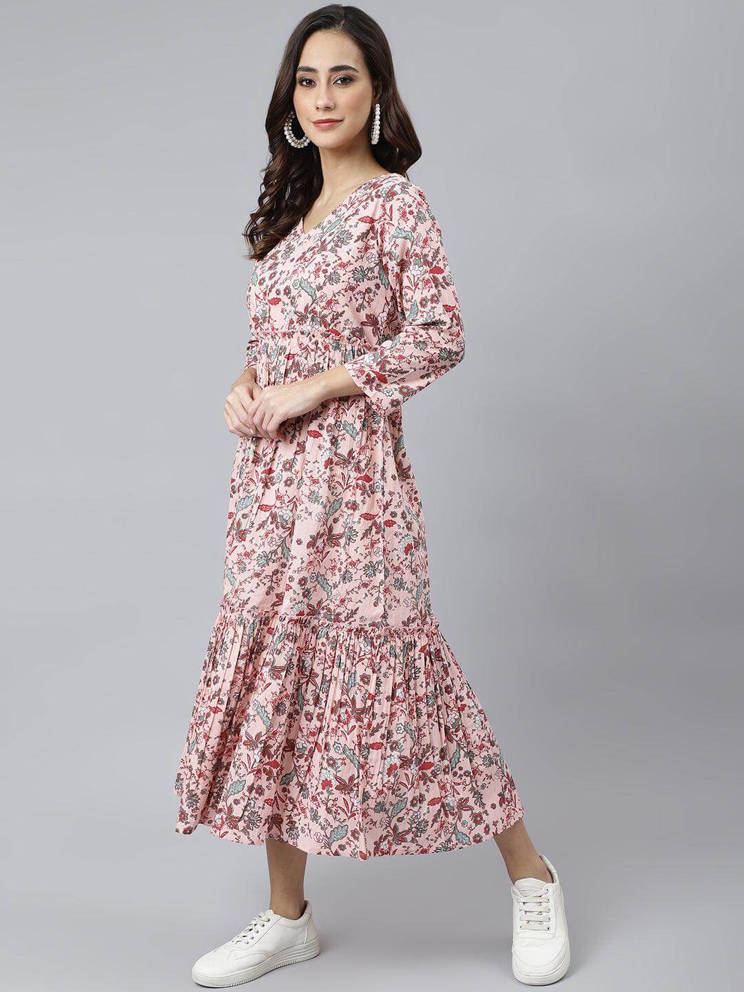 Peach Cotton Floral Print Flared Kurta  - By Janasya