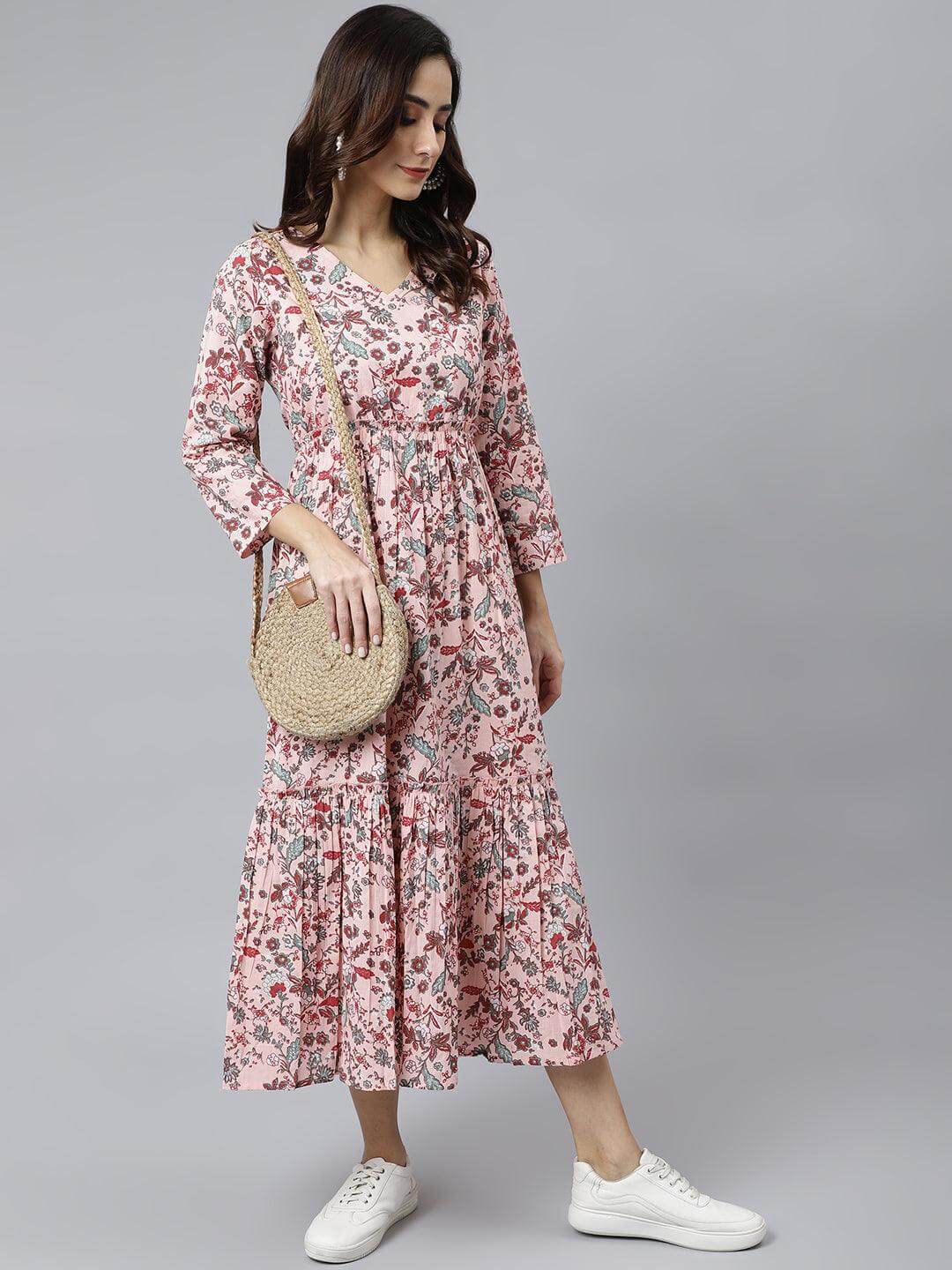 Peach Cotton Floral Print Flared Kurta  - By Janasya