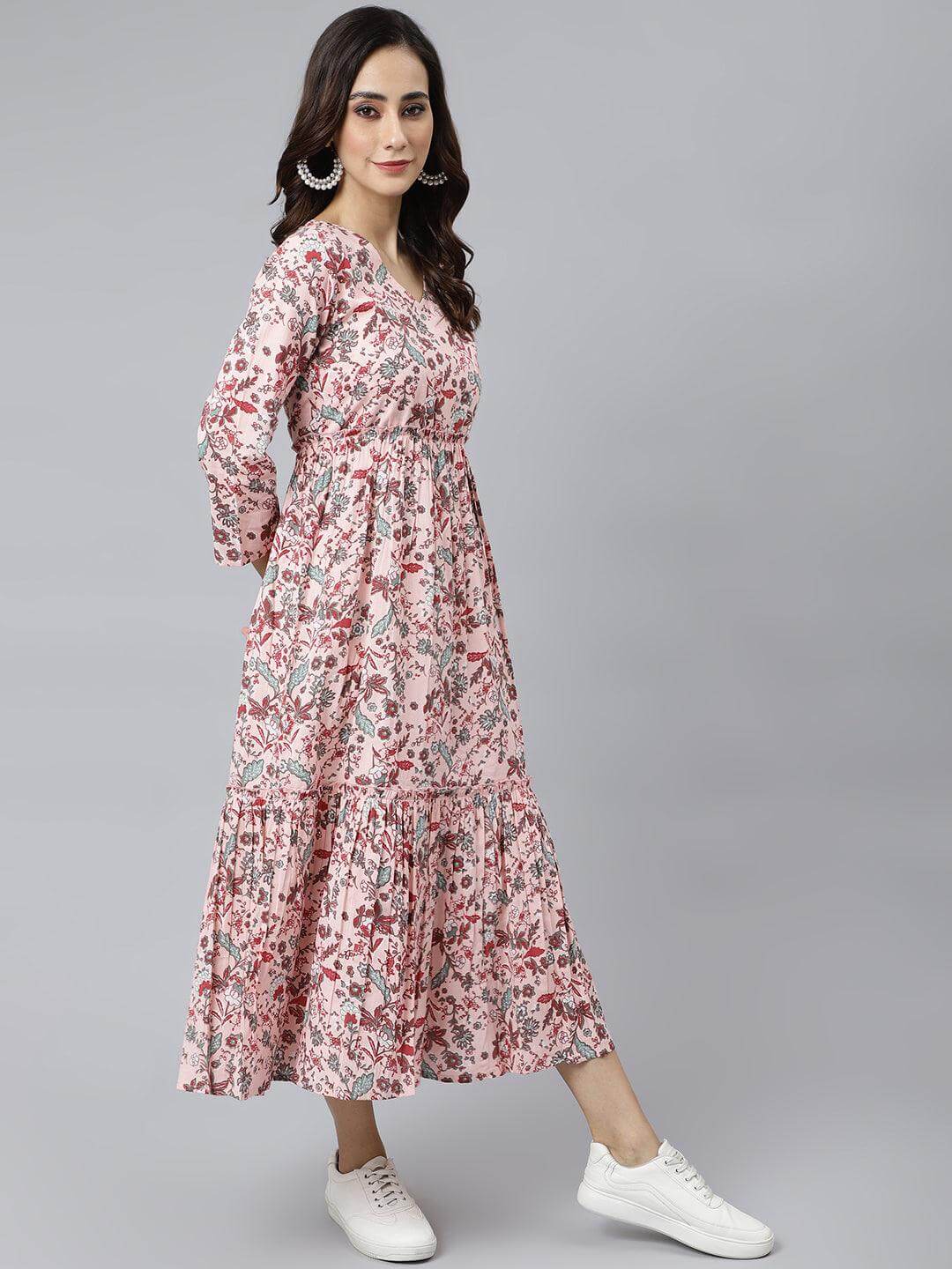 Peach Cotton Floral Print Flared Kurta  - By Janasya