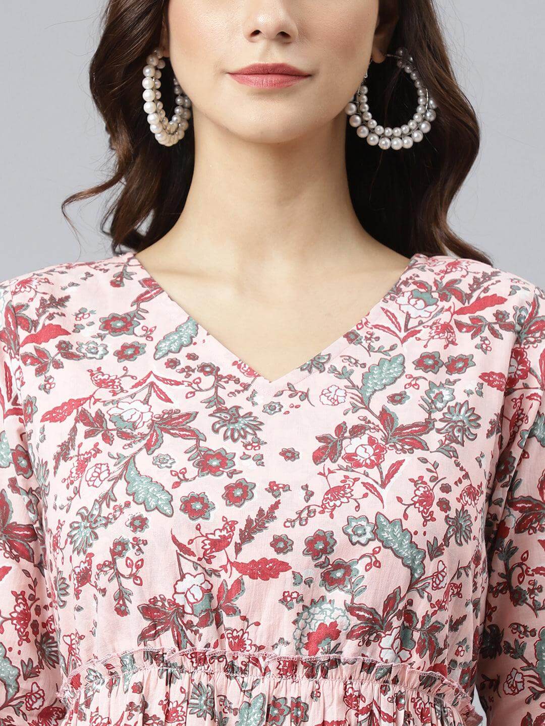 Peach Cotton Floral Print Flared Kurta  - By Janasya