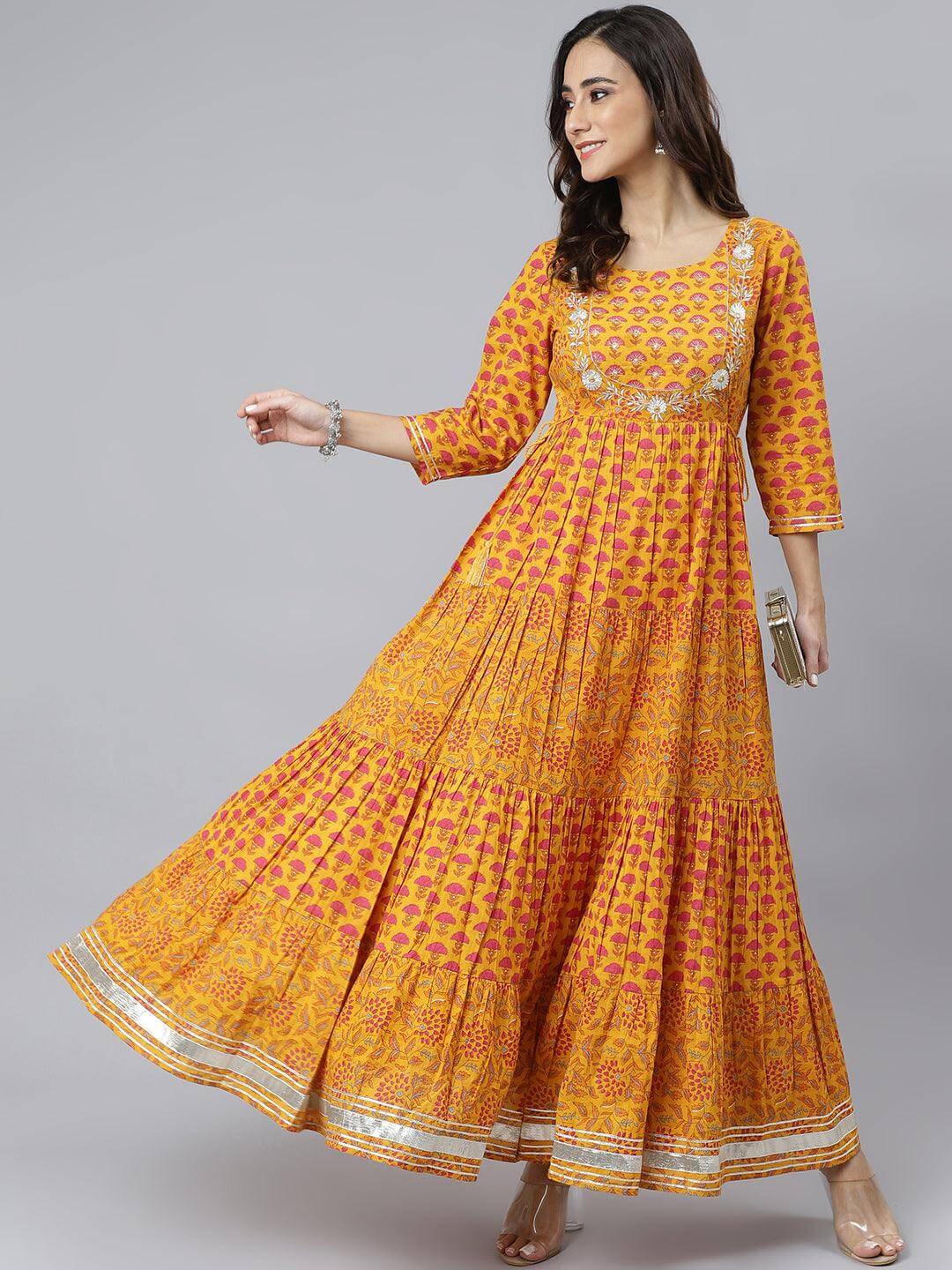 Mustard Cotton Floral Print Flared Dress  - By Janasya