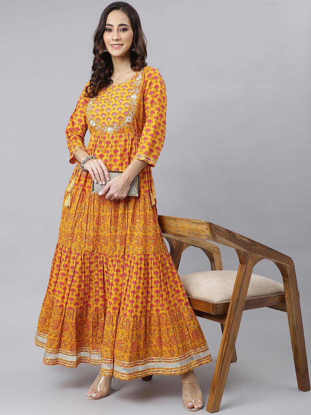 Mustard Cotton Floral Print Flared Dress  - By Janasya