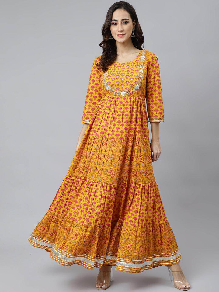 Mustard Cotton Floral Print Flared Dress  - By Janasya