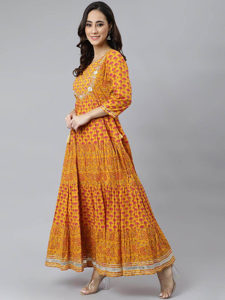 Mustard Cotton Floral Print Flared Dress  - By Janasya