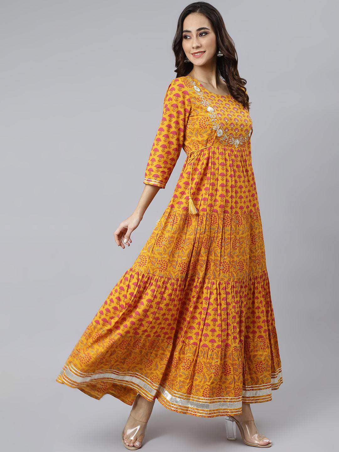 Mustard Cotton Floral Print Flared Dress  - By Janasya