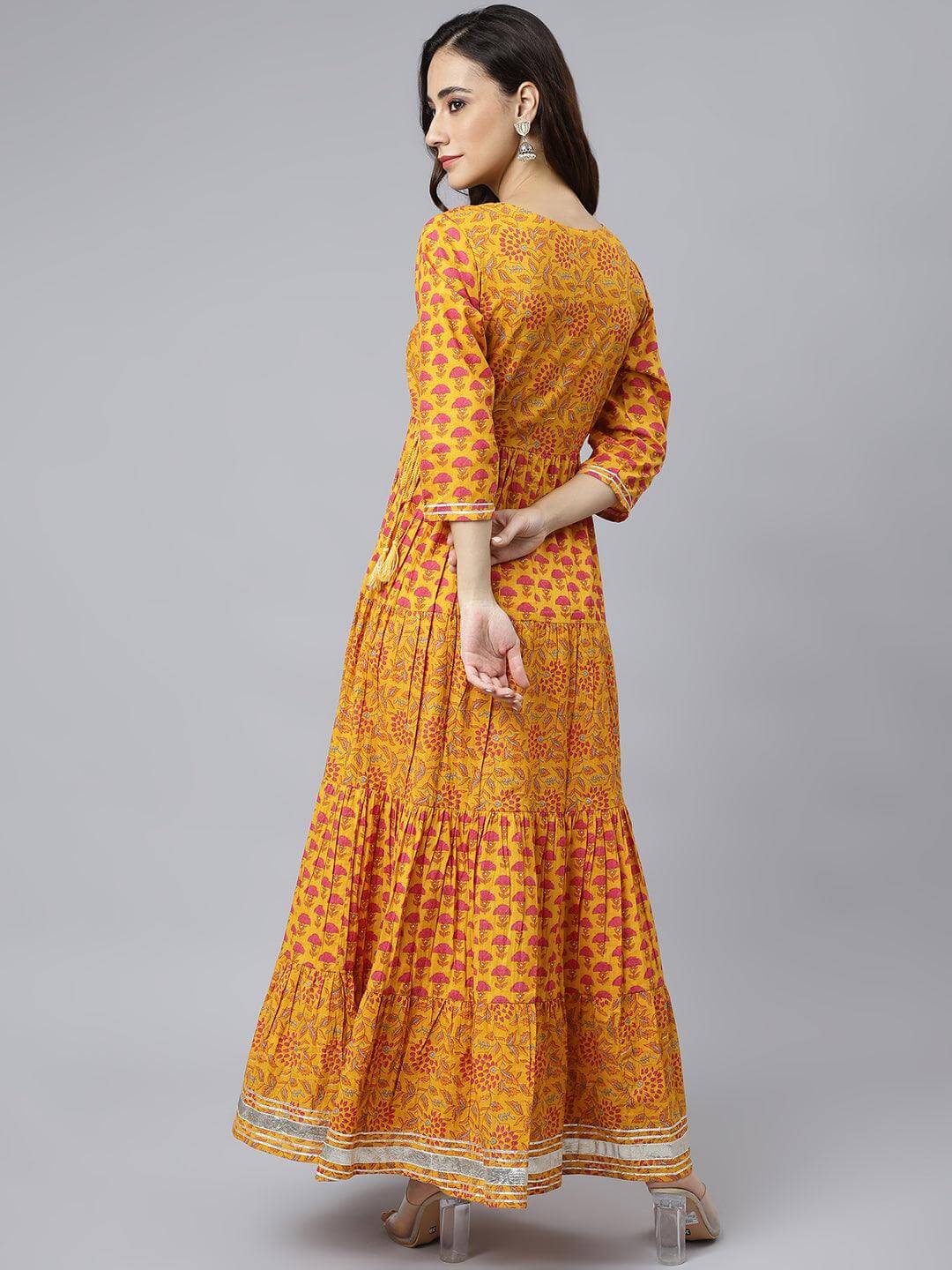 Mustard Cotton Floral Print Flared Dress  - By Janasya