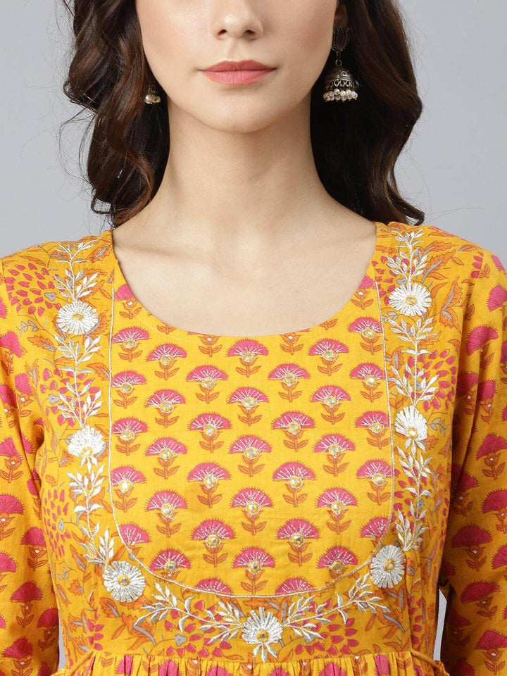 Mustard Cotton Floral Print Flared Dress  - By Janasya