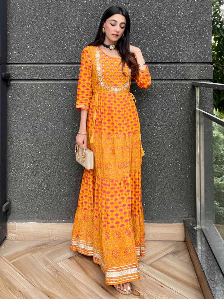 Mustard Cotton Floral Print Flared Dress  - By Janasya