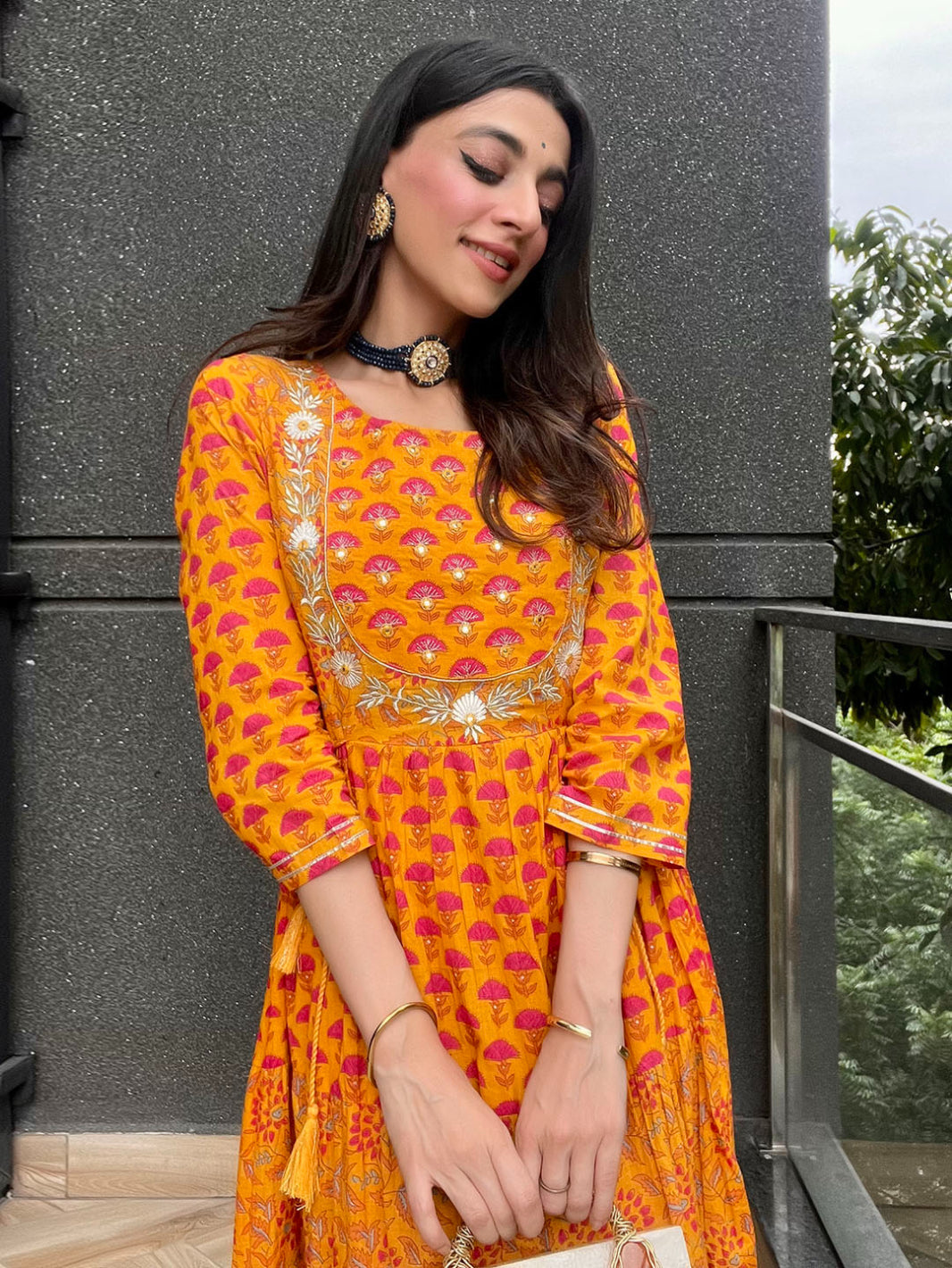 Mustard Cotton Floral Print Flared Dress  - By Janasya