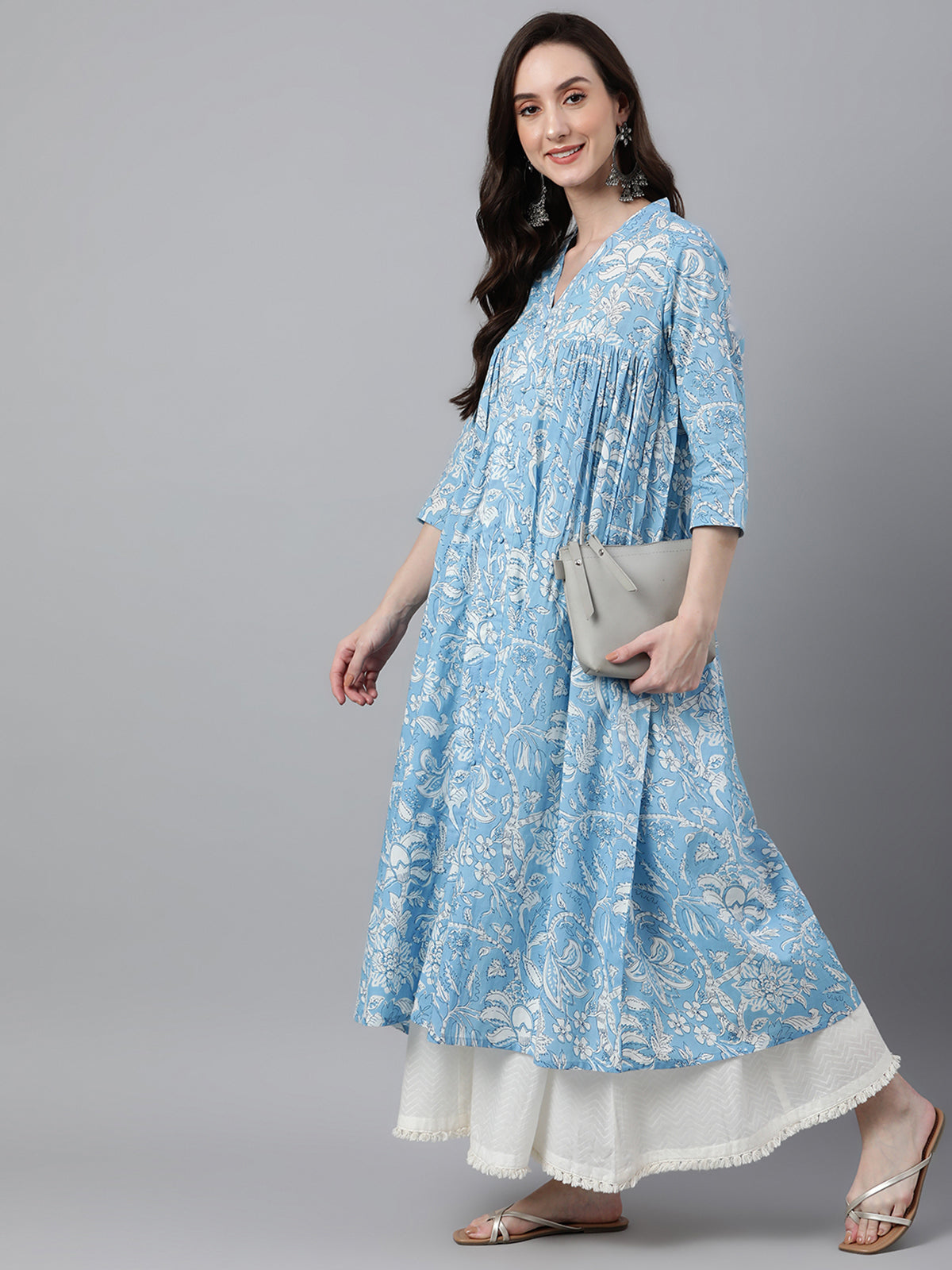 Sky Blue Cotton Floral Print Flared Kurta - qivii