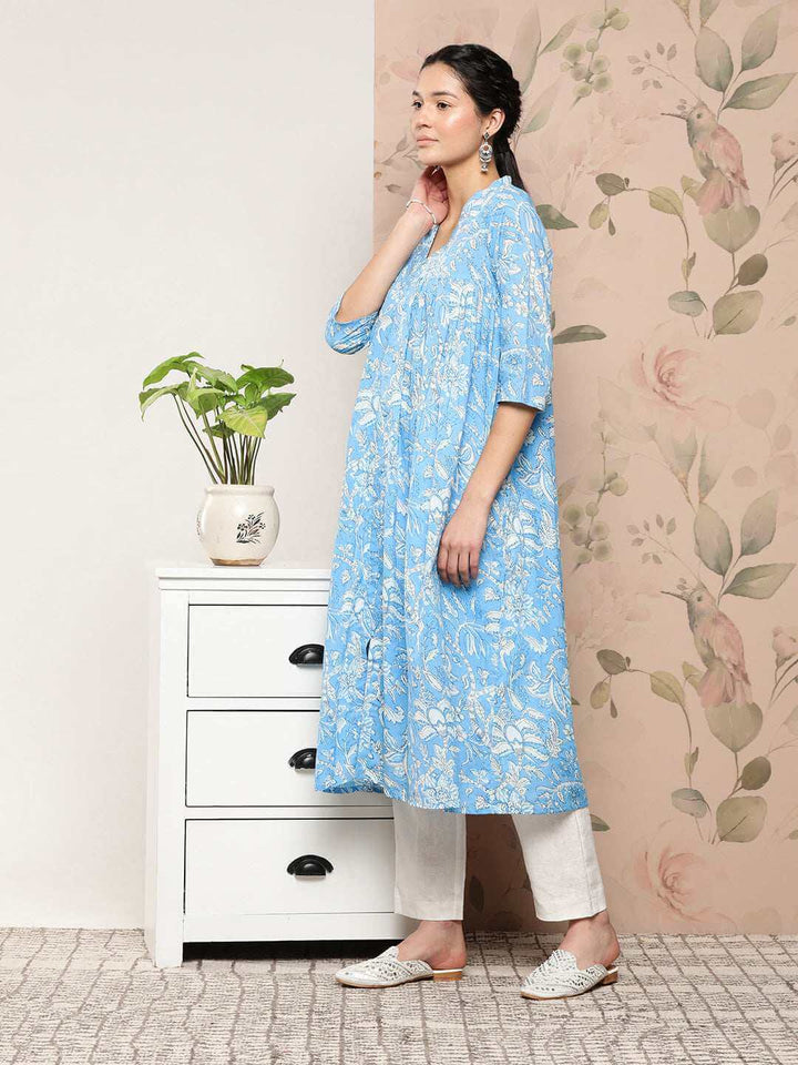 Sky Blue Cotton Floral Print Flared Kurta  - By Janasya