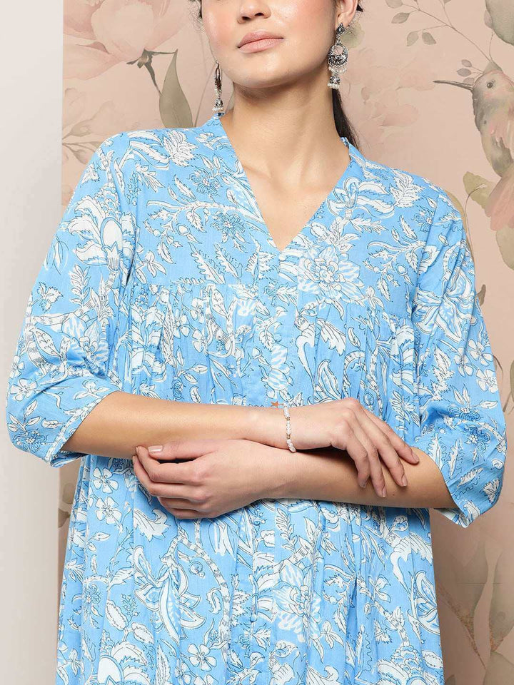 Sky Blue Cotton Floral Print Flared Kurta  - By Janasya