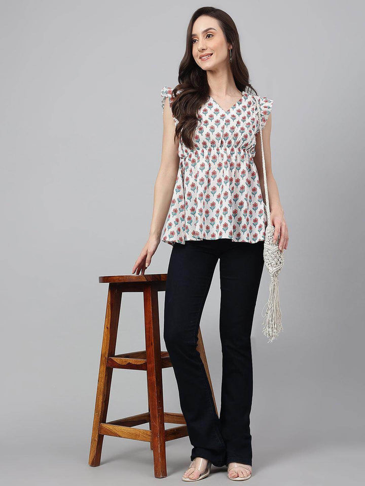 White Cotton Floral Print Flared Top  - By Janasya