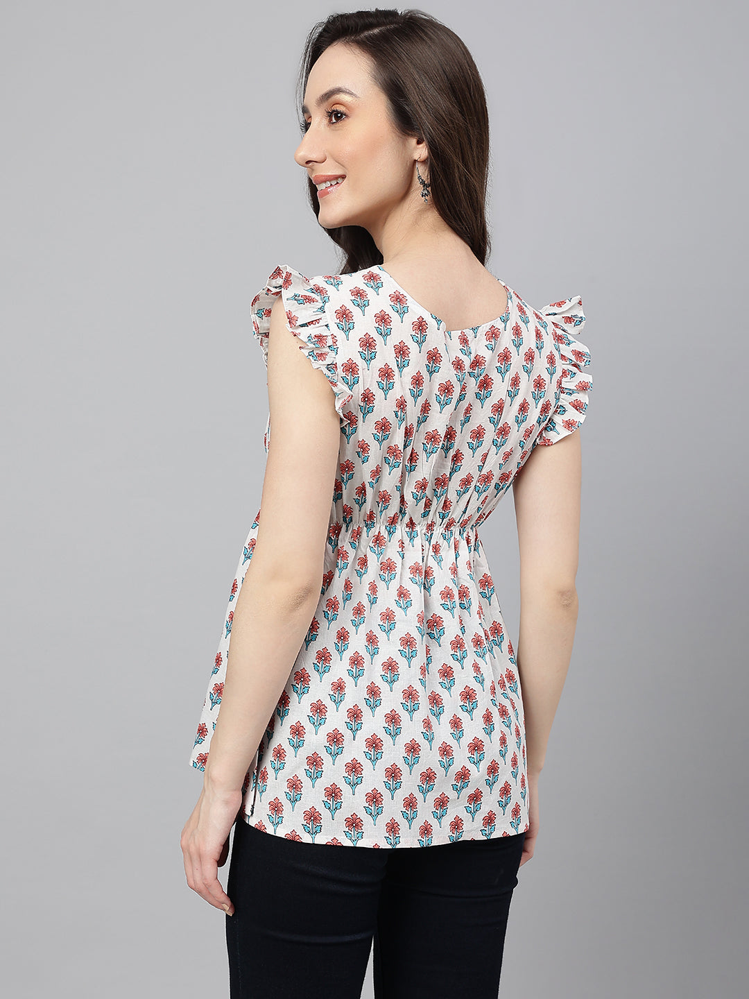 White Cotton Floral Print Flared Top  - By Janasya