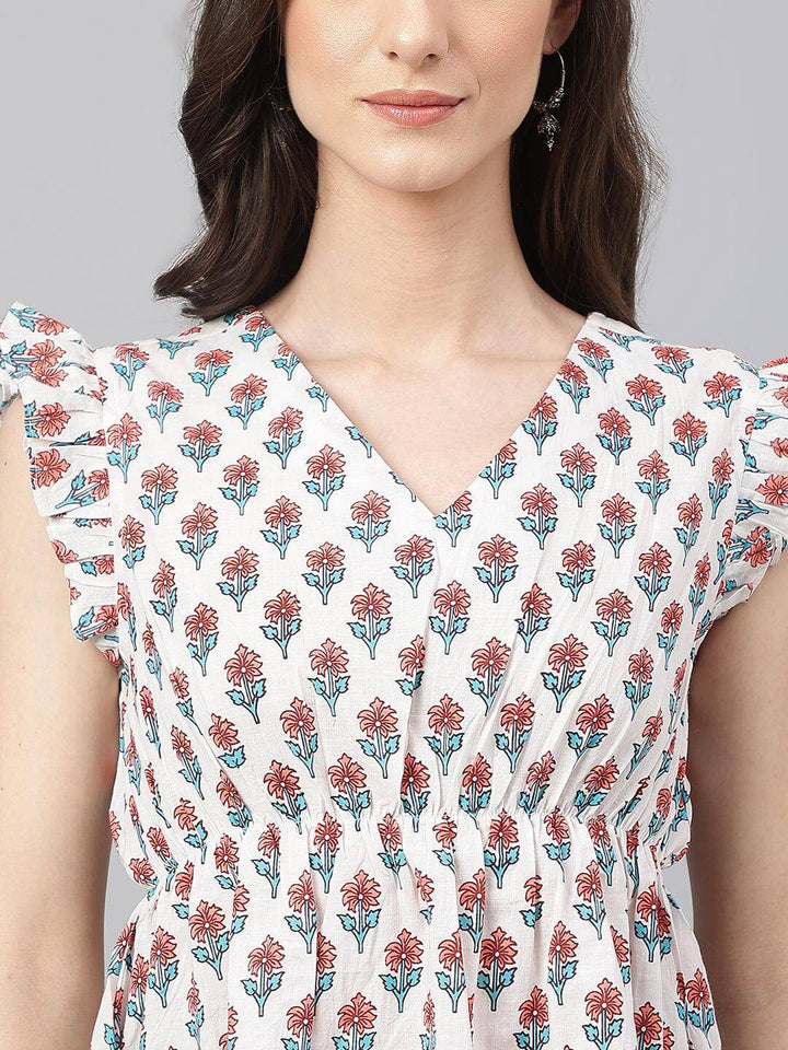 White Cotton Floral Print Flared Top  - By Janasya