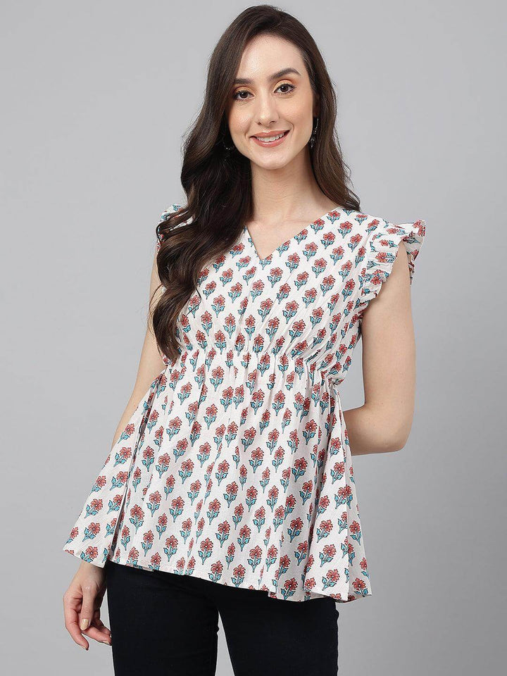 White Cotton Floral Print Flared Top  - By Janasya