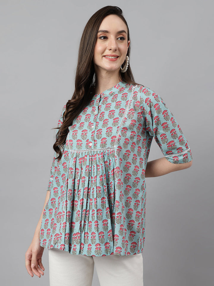 Aqua Blue Cotton Block Print A-Line Top  - By Janasya