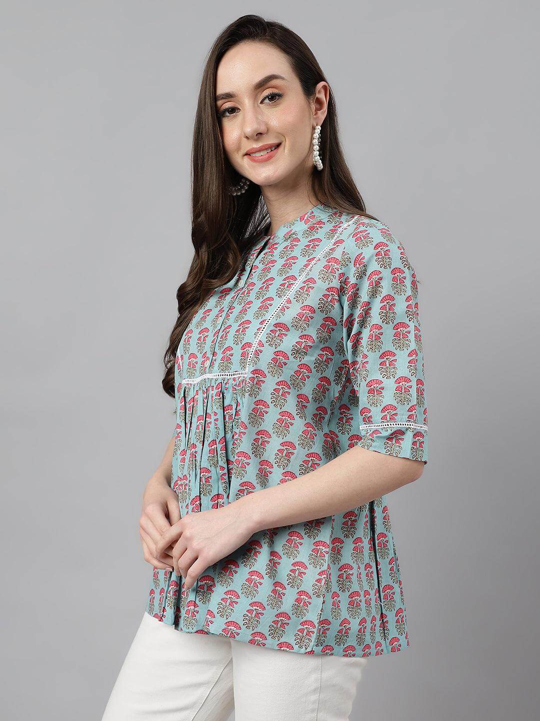 Women's Aqua Blue Cotton Block Print A-Line Top  - By Janasya