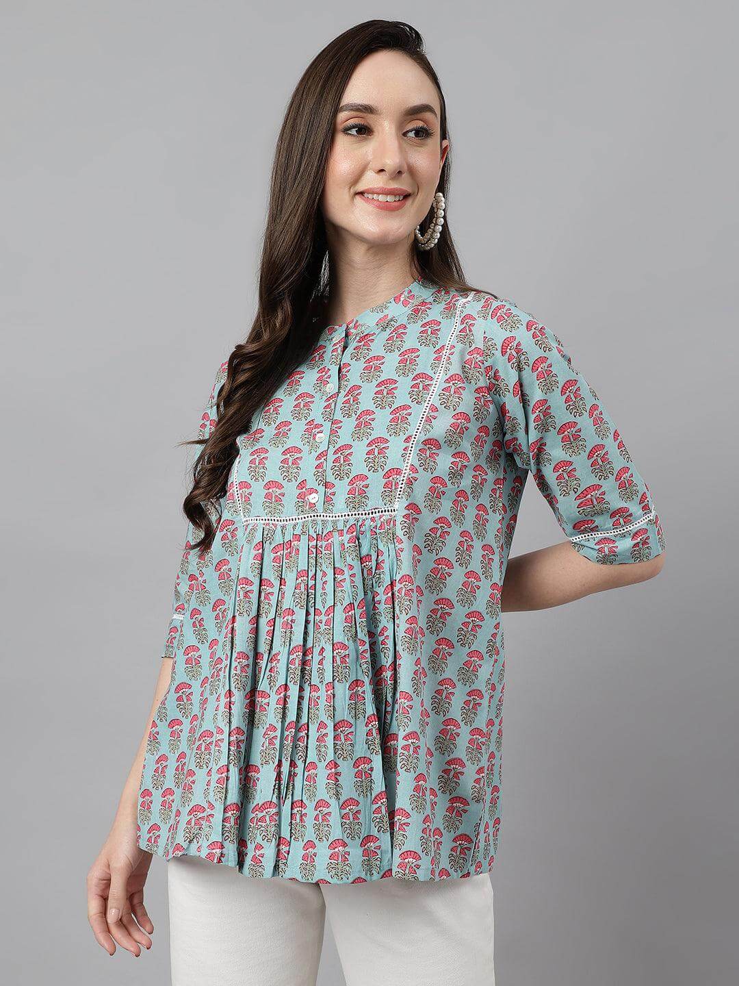 Women's Aqua Blue Cotton Block Print A-Line Top  - By Janasya