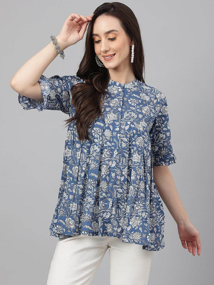 Ink Blue Cotton Floral Print Flared Top  - By Janasya