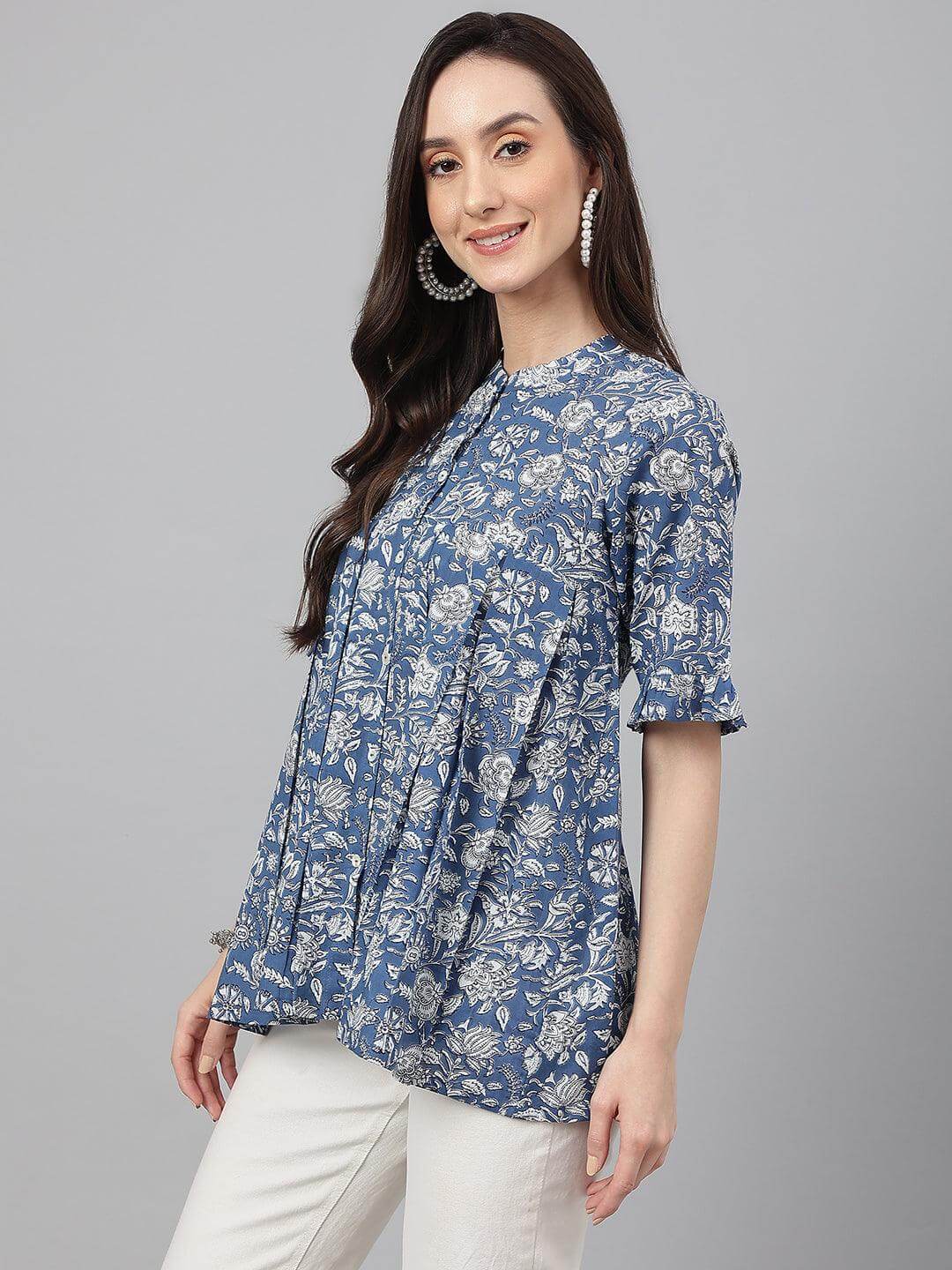 Ink Blue Cotton Floral Print Flared Top  - By Janasya