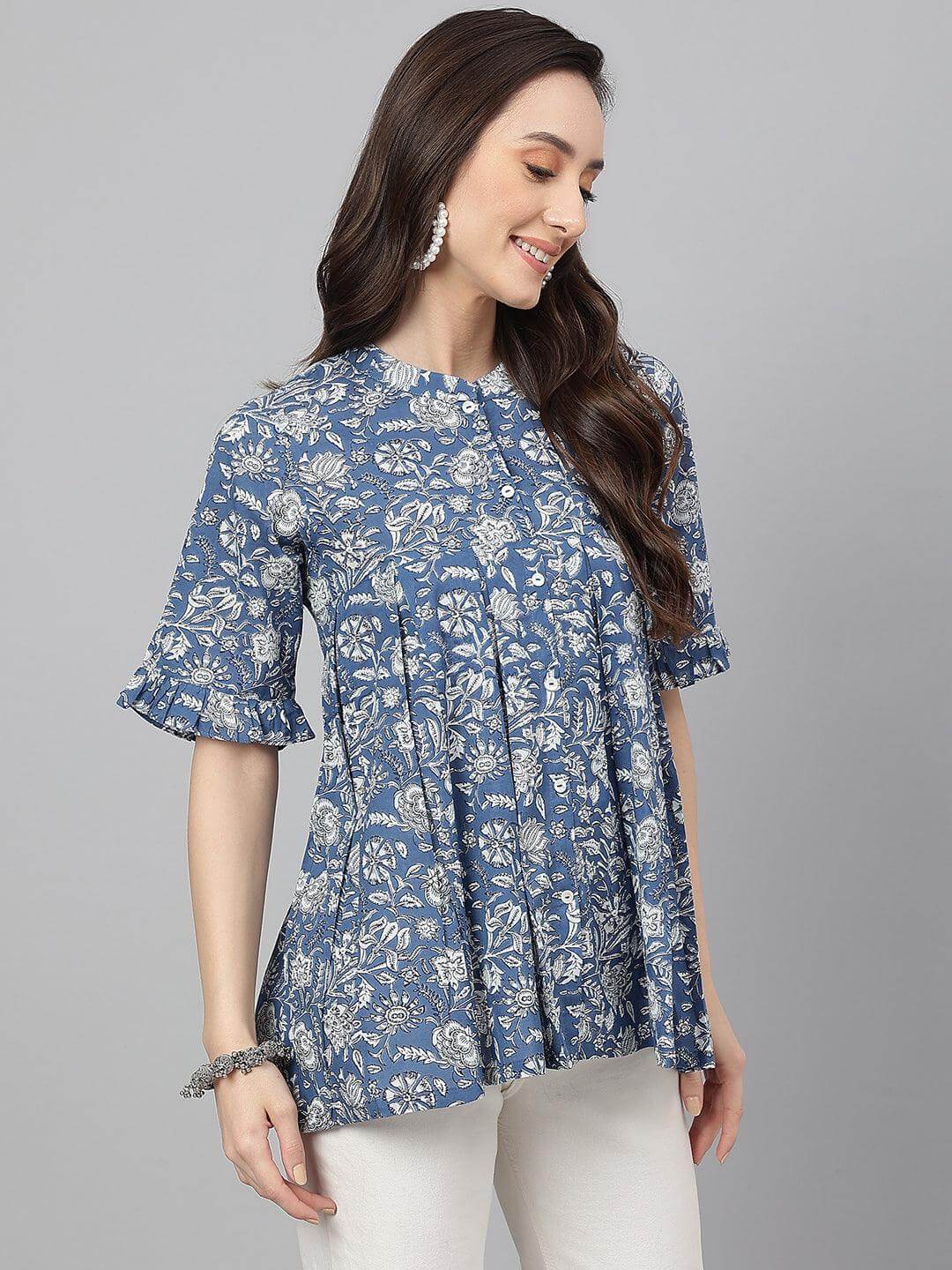 Ink Blue Cotton Floral Print Flared Top  - By Janasya