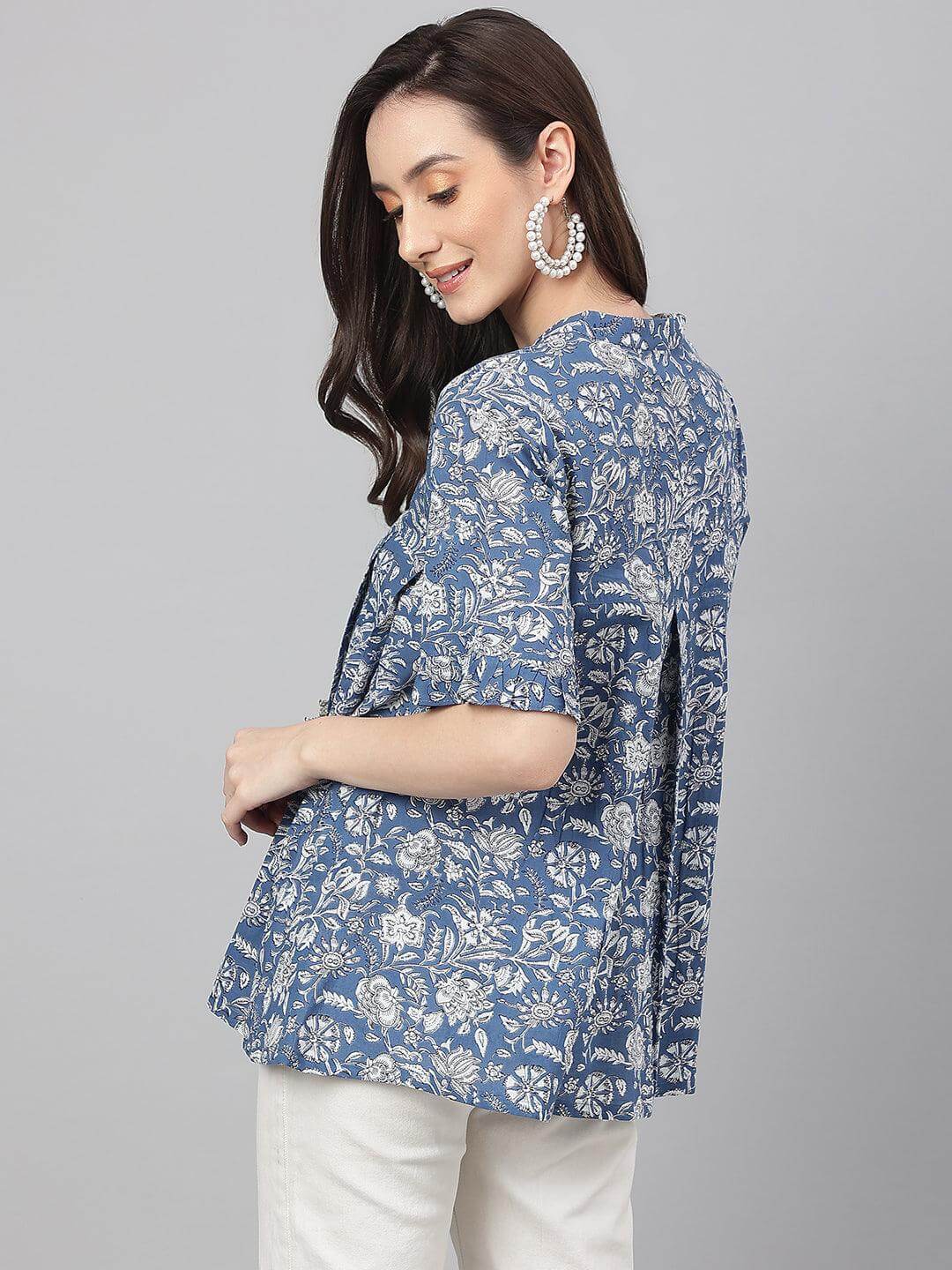 Ink Blue Cotton Floral Print Flared Top  - By Janasya