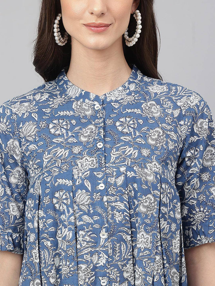 Ink Blue Cotton Floral Print Flared Top  - By Janasya