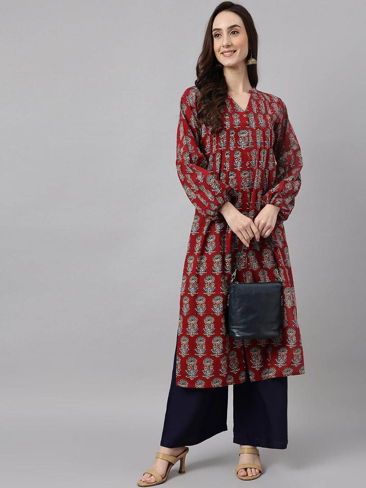 Maroon Cotton Floral Print Flared Kurta  - By Janasya