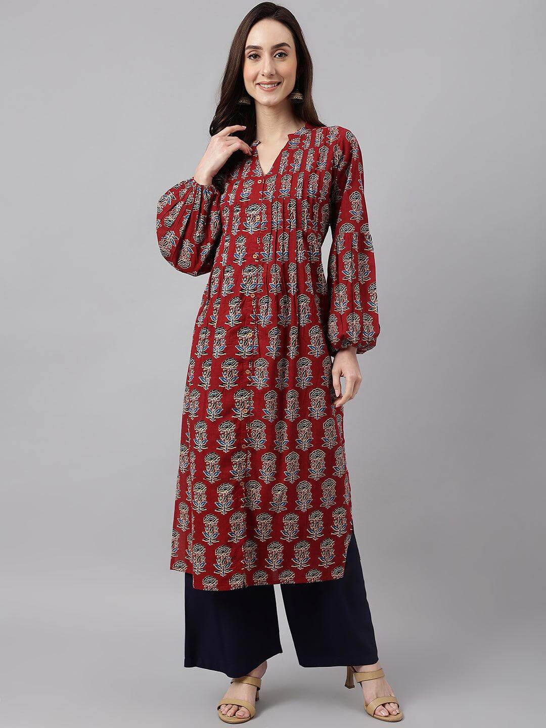 Maroon Cotton Floral Print Flared Kurta  - By Janasya