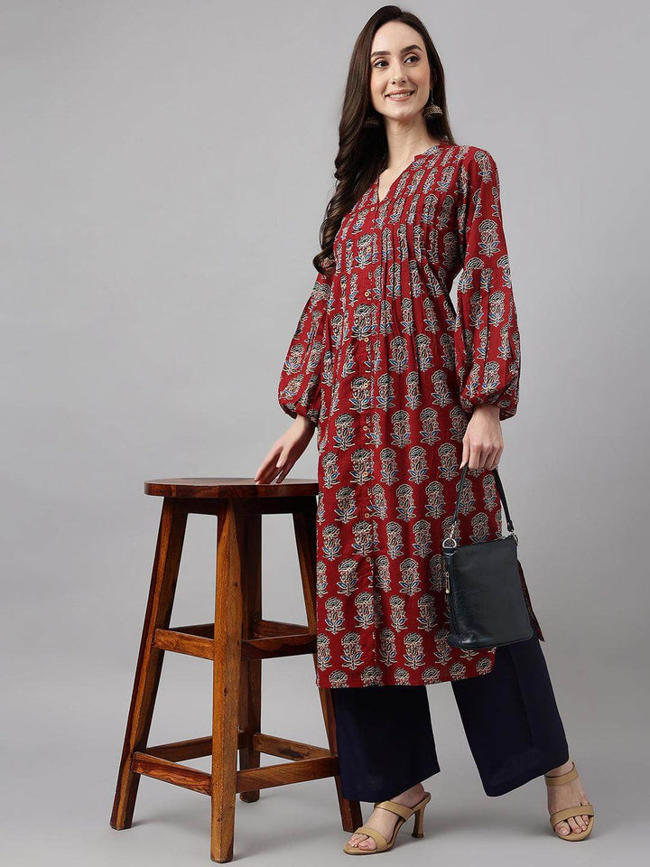 Maroon Cotton Floral Print Flared Kurta  - By Janasya