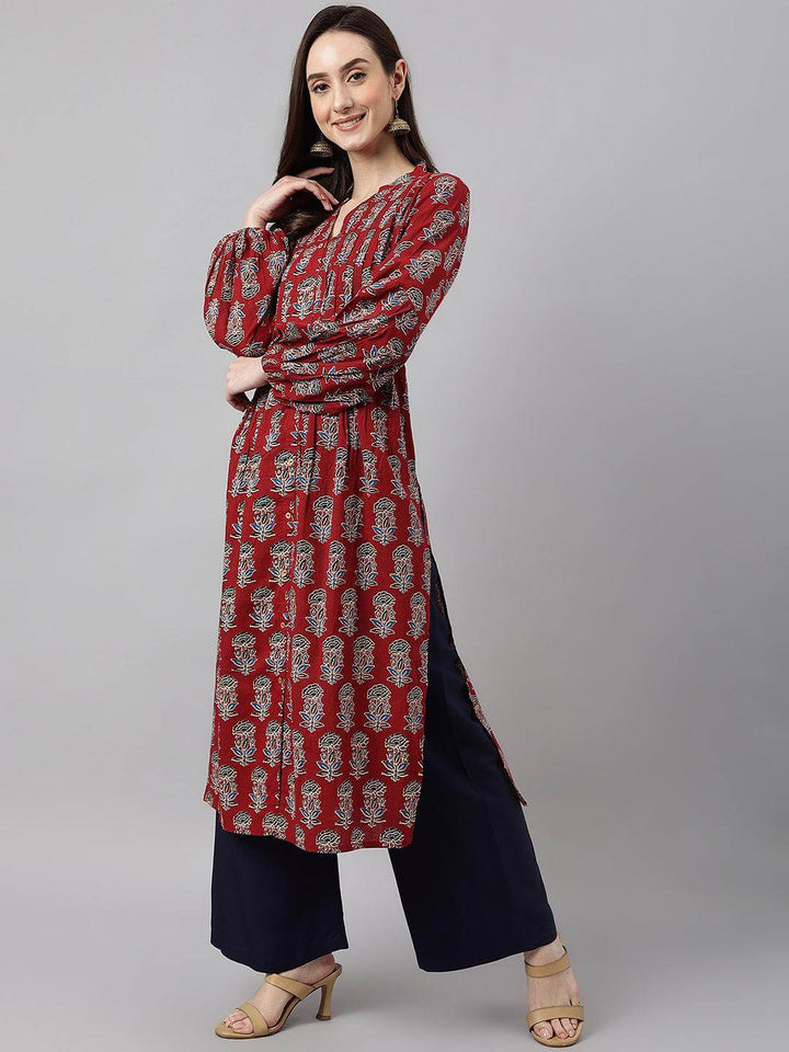 Maroon Cotton Floral Print Flared Kurta  - By Janasya