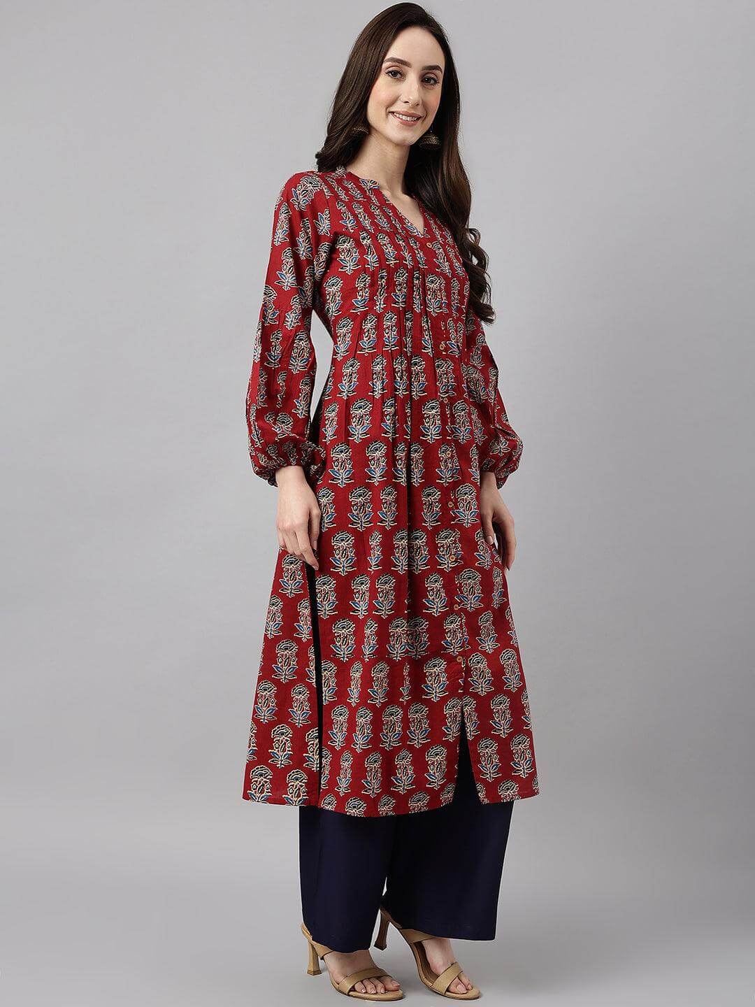 Maroon Cotton Floral Print Flared Kurta  - By Janasya