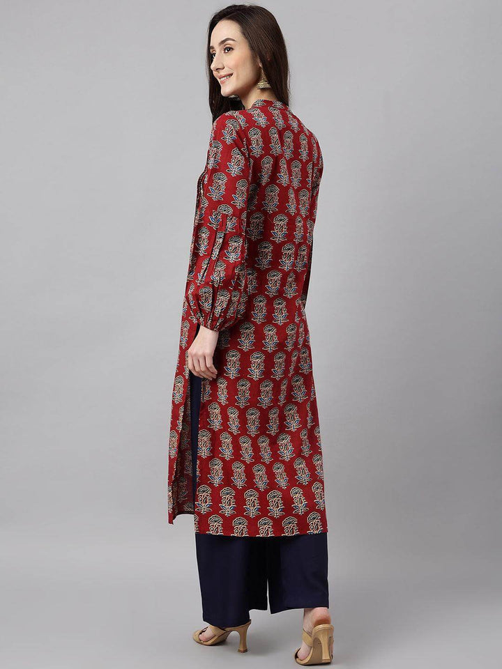 Maroon Cotton Floral Print Flared Kurta  - By Janasya