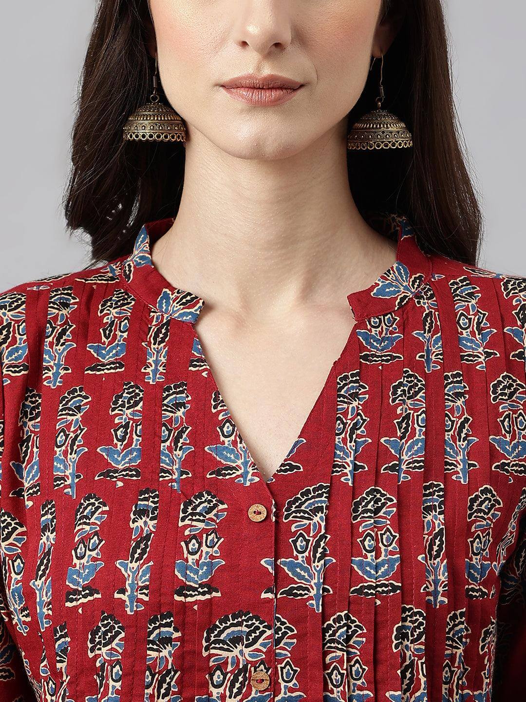 Maroon Cotton Floral Print Flared Kurta  - By Janasya